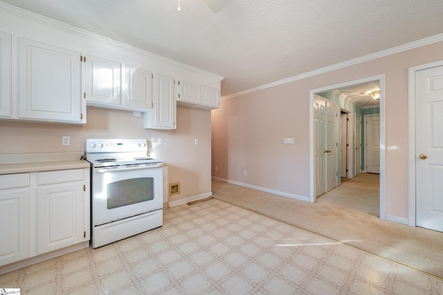 kitchen with light colored carpet, white range with electric stovetop, crown molding, and white cabinetry