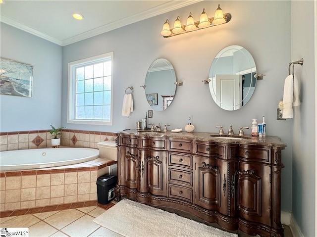 bathroom featuring vanity, tile patterned floors, a relaxing tiled tub, and crown molding