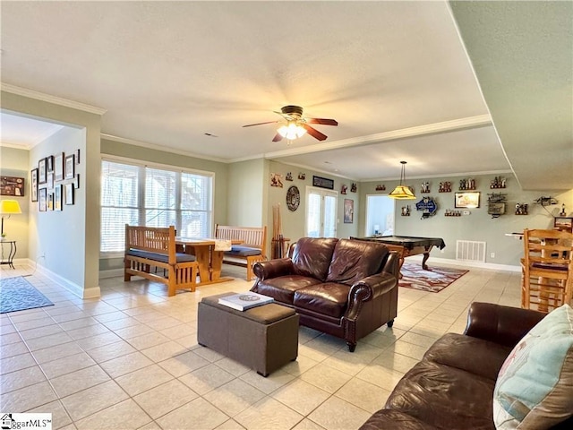 tiled living room featuring pool table, ceiling fan, and crown molding