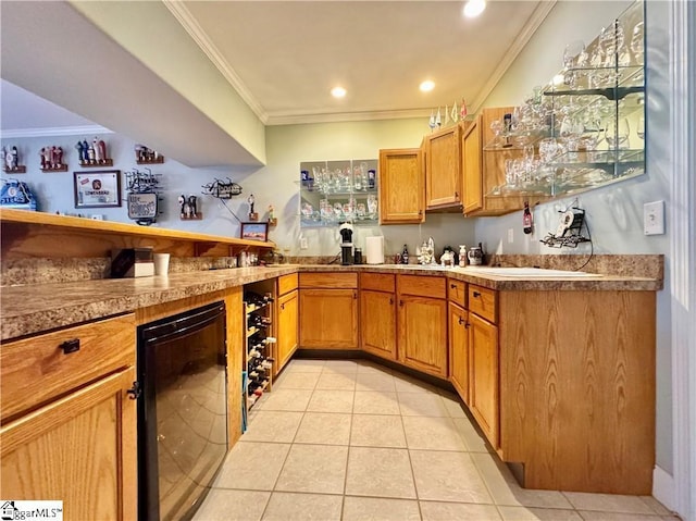 kitchen with ornamental molding, light tile patterned floors, and wine cooler