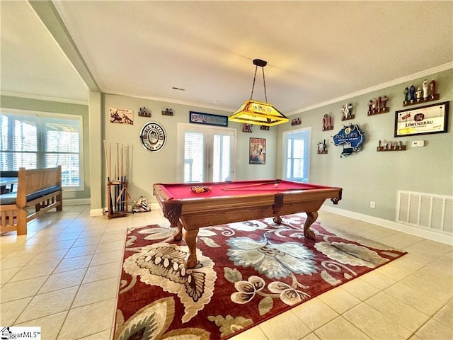 playroom featuring billiards, crown molding, and light tile patterned floors