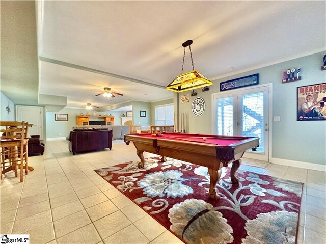 recreation room featuring pool table, ceiling fan, light tile patterned floors, and ornamental molding