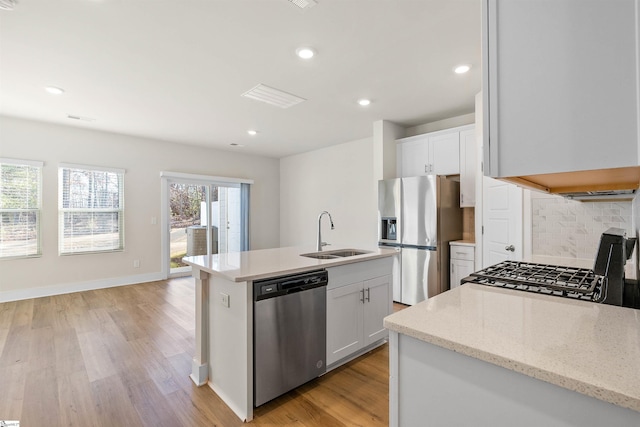 kitchen featuring a kitchen island with sink, backsplash, white cabinetry, appliances with stainless steel finishes, and sink