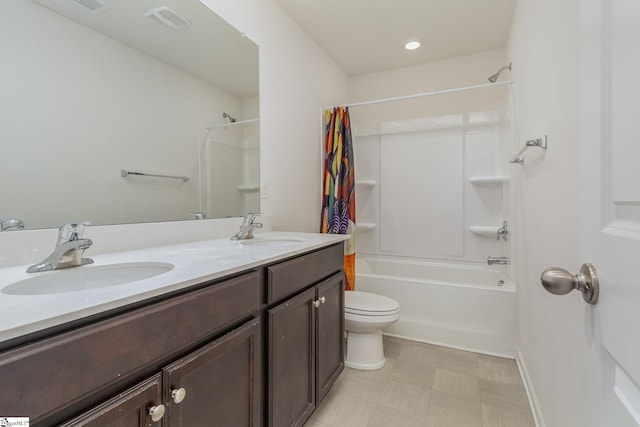 full bathroom featuring toilet, vanity, and shower / bathtub combination with curtain