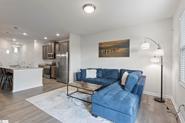 living room with wood-type flooring and sink