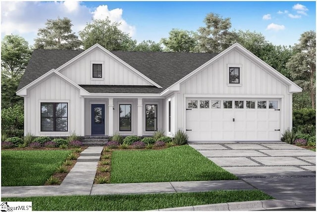 modern farmhouse style home with a front yard and a garage