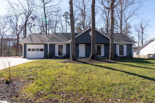 ranch-style house with a front yard and a garage