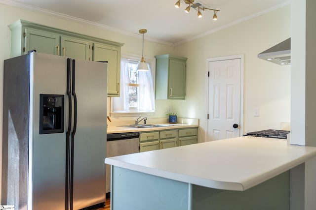 kitchen featuring kitchen peninsula, appliances with stainless steel finishes, wall chimney exhaust hood, and green cabinets