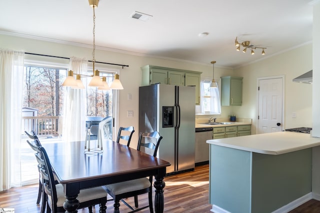 kitchen with green cabinetry, dark hardwood / wood-style flooring, wall chimney range hood, and appliances with stainless steel finishes