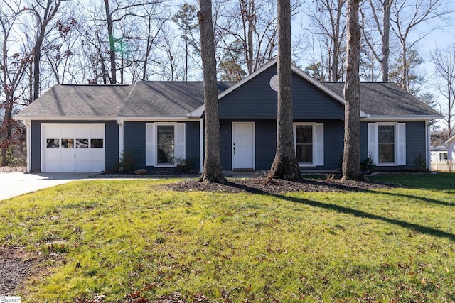 single story home featuring a front yard and a garage