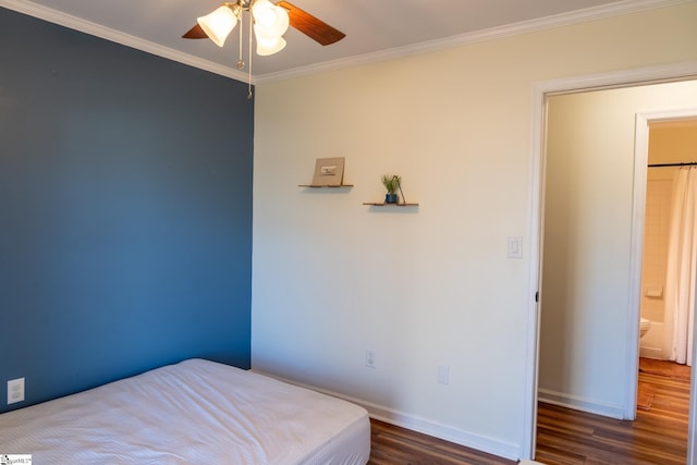 bedroom with ensuite bathroom, ceiling fan, crown molding, and dark hardwood / wood-style floors