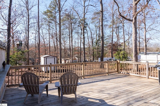 deck featuring a storage shed