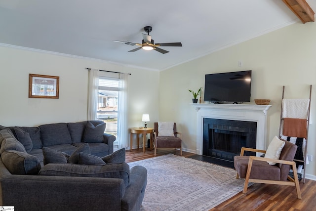 living room featuring crown molding, ceiling fan, lofted ceiling with beams, and wood-type flooring