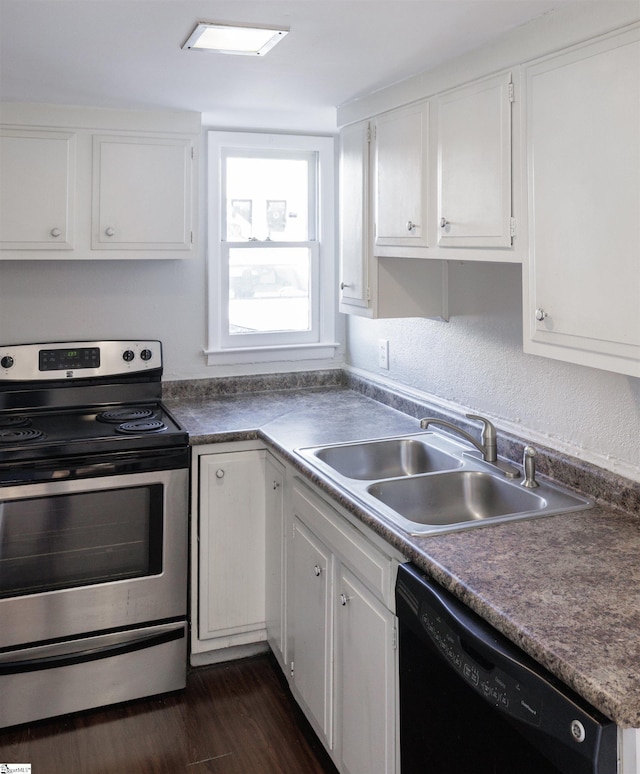 kitchen with dishwasher, stainless steel electric range, dark hardwood / wood-style flooring, white cabinets, and sink