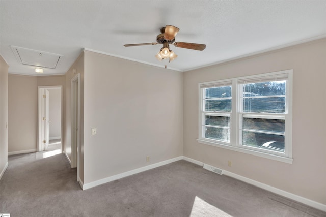 carpeted empty room with ceiling fan and crown molding