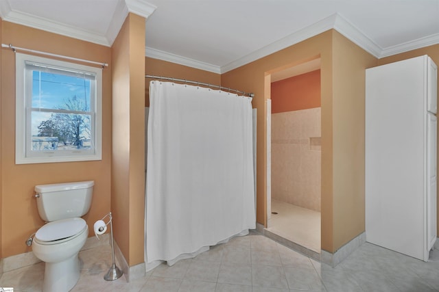 bathroom with curtained shower, tile patterned floors, and crown molding