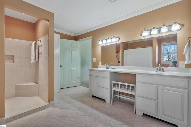 bathroom featuring ornamental molding, walk in shower, vanity, and tile patterned floors