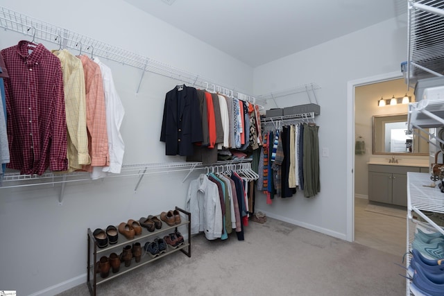 spacious closet with sink and light carpet