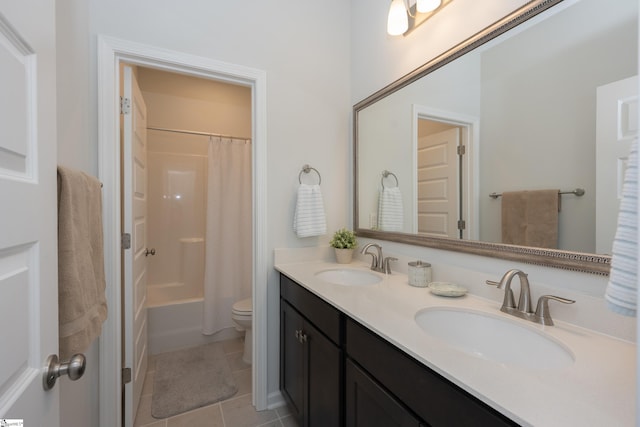 full bathroom with toilet, vanity, tile patterned floors, and shower / bathtub combination with curtain