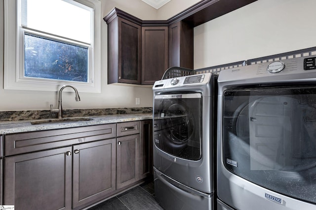 laundry room featuring cabinets, washer and clothes dryer, and sink