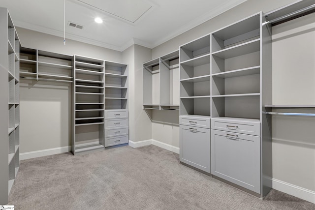 spacious closet featuring light carpet