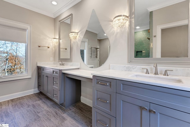 bathroom featuring hardwood / wood-style flooring, a shower, crown molding, and vanity