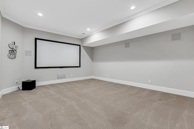 carpeted cinema with crown molding