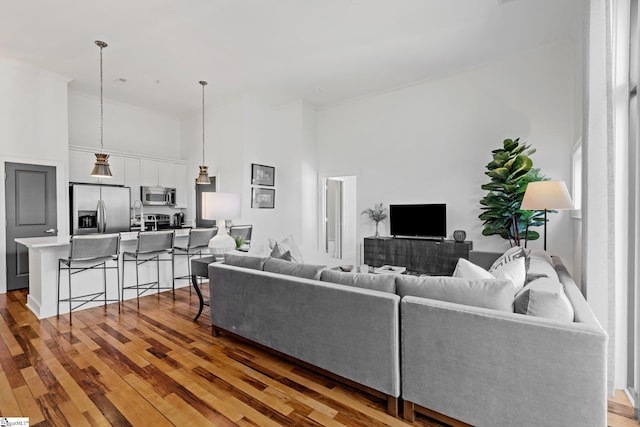 living room featuring a high ceiling and hardwood / wood-style floors