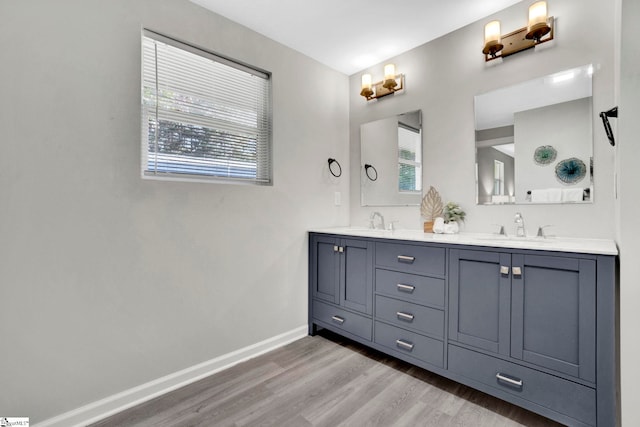 bathroom with a healthy amount of sunlight, vanity, and hardwood / wood-style flooring