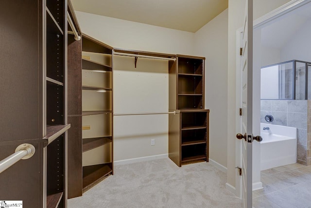 walk in closet featuring light colored carpet