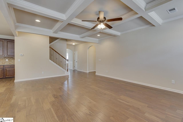 unfurnished living room featuring beam ceiling, ceiling fan, and coffered ceiling