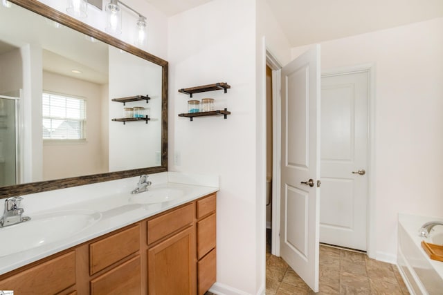 bathroom with shower with separate bathtub and vanity