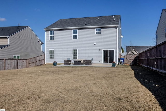 rear view of house featuring central air condition unit, a patio area, outdoor lounge area, and a yard