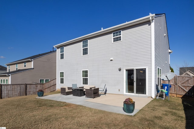 back of property featuring a patio area, a lawn, and outdoor lounge area