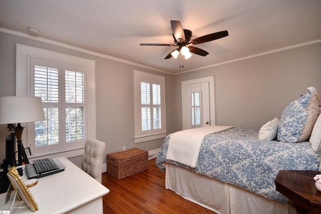 bedroom featuring wood-type flooring, ceiling fan, and ornamental molding