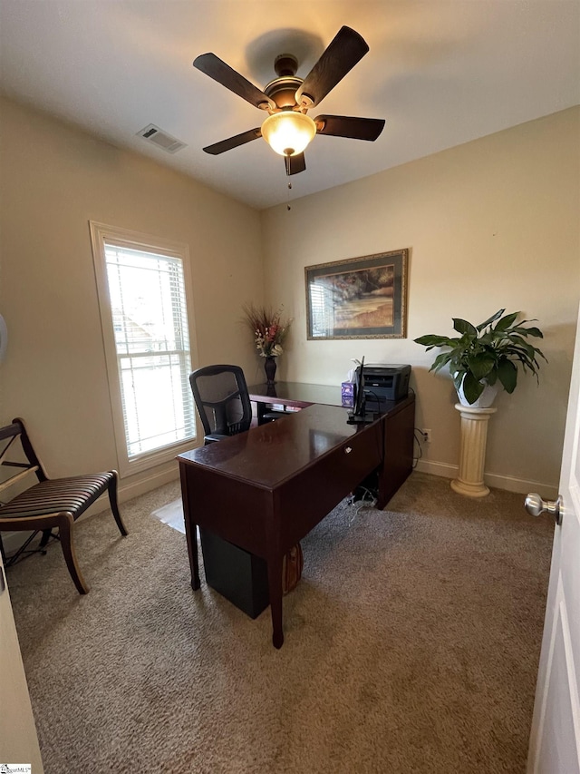 office with ceiling fan and carpet