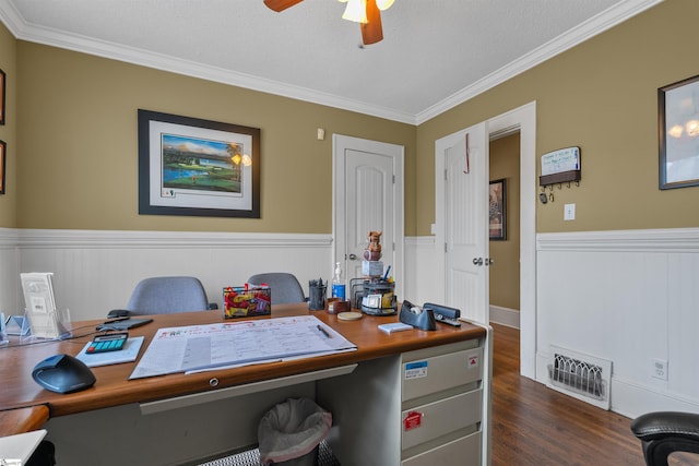 office space with ceiling fan, crown molding, dark hardwood / wood-style floors, and a textured ceiling