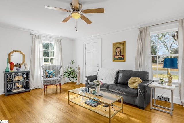 living room featuring ceiling fan, ornamental molding, and wood-type flooring