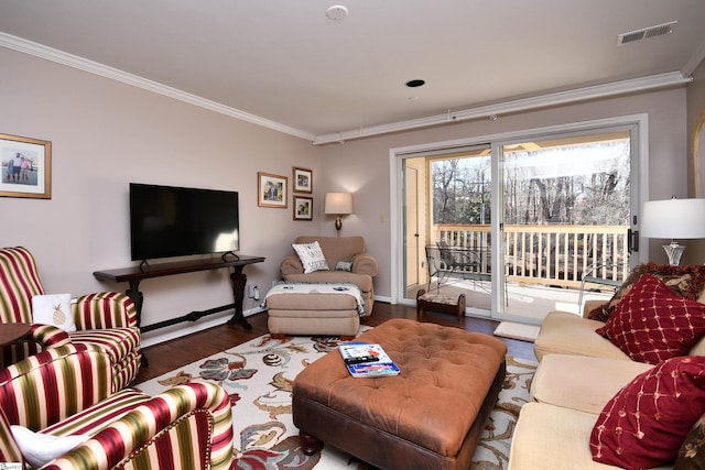 living room with crown molding and dark wood-type flooring