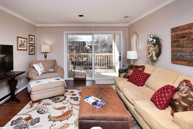 living room featuring dark hardwood / wood-style flooring and crown molding