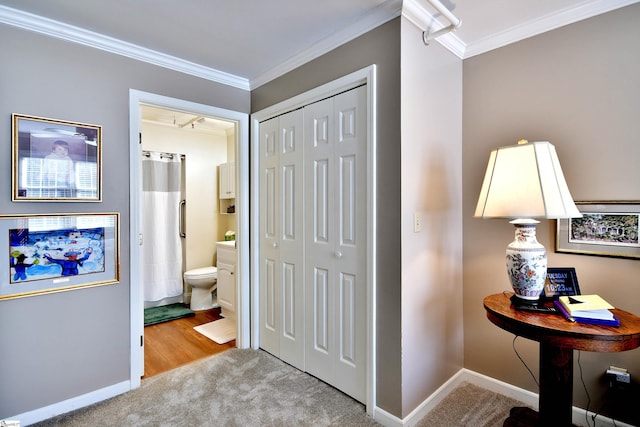 hall featuring light colored carpet and ornamental molding