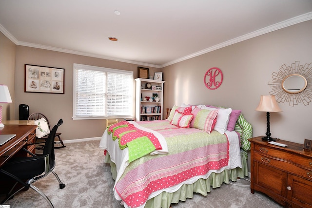 carpeted bedroom with crown molding