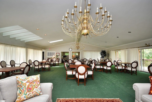 carpeted dining room featuring a chandelier, lofted ceiling with beams, and ornamental molding