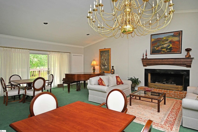 carpeted dining area with a brick fireplace, an inviting chandelier, vaulted ceiling, and crown molding