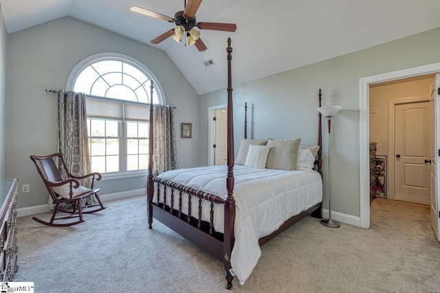 bedroom featuring light carpet, ceiling fan, and vaulted ceiling