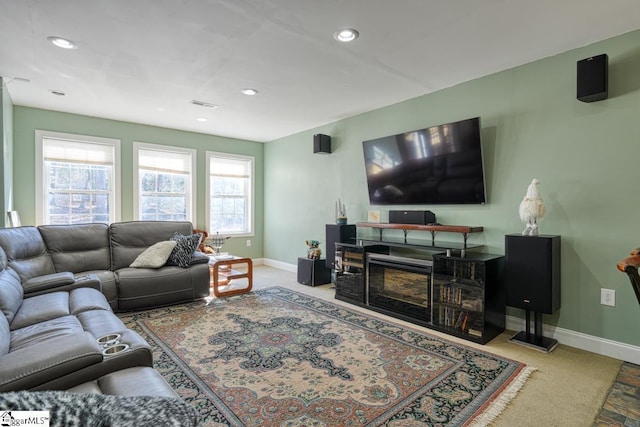 living room with a fireplace