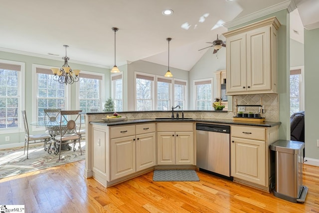 kitchen with sink, dishwasher, ceiling fan with notable chandelier, backsplash, and pendant lighting