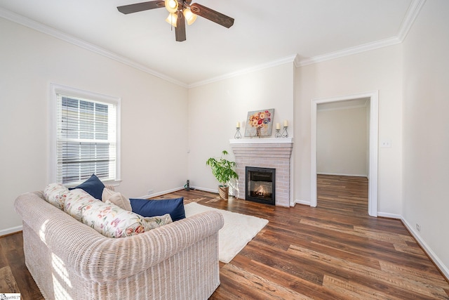 living room with a fireplace, ceiling fan, ornamental molding, and dark wood-type flooring