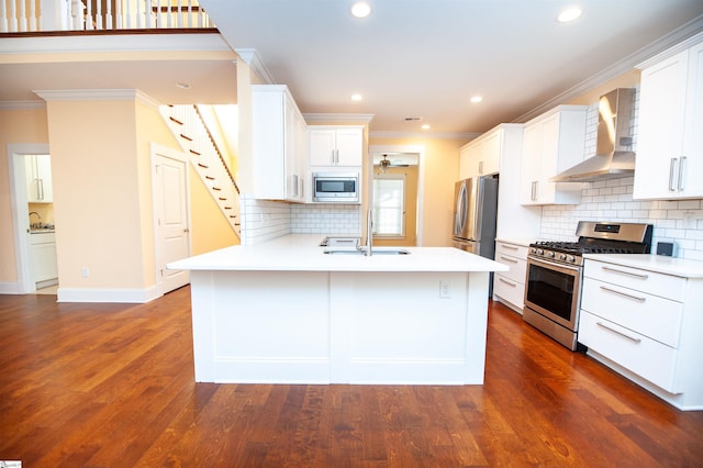 kitchen with sink, stainless steel appliances, white cabinetry, and wall chimney exhaust hood