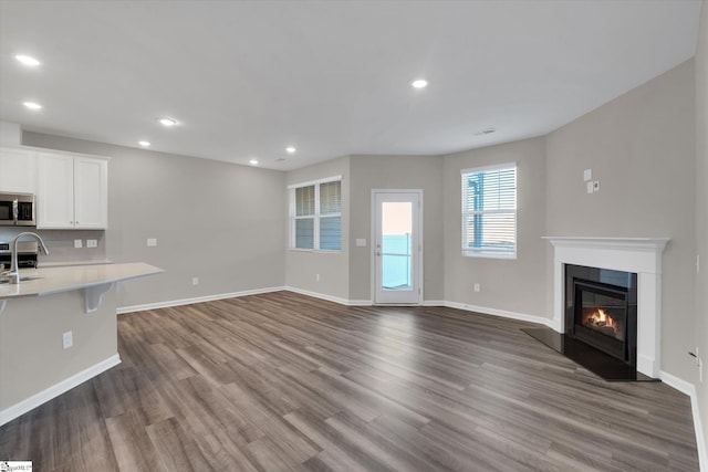 unfurnished living room with sink and hardwood / wood-style flooring